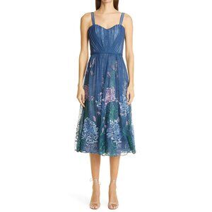 Marchesa Notte Embroidered Mesh Midi Dress Floral Blue Size 10 NWT ($795)